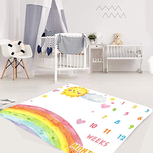 Image of Cartoon Rainbow Baby Monthly Milestone Blanket - 48x40in Sun Cloud Heart Shape Colored Dots for Newborn Shower, Growth Chart Photography