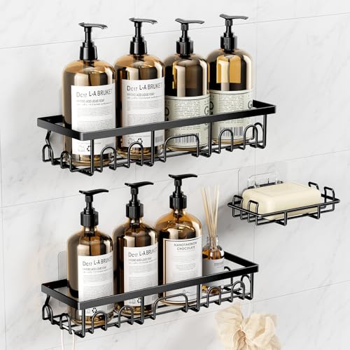 Image of Shower Caddy, 3 Pack Shower Shelves, Rustproof Adhesive Bathroom Organizer with Soap Holder, No Drilling Washroom Organizers and Storage for Bathtub Room /Kitchen /Home, Matte black