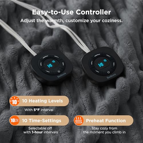 Image of Bedsure Electric Blanket Queen Size - Thick Striped Flannel Electric Blanket with Dual Control, Heating with 10 Heat Settings & 10 Time Settings, 8 hrs Timer Auto Shut Off (84x90 inches, Grey)