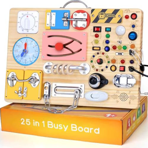Image of 25 in 1 Busy Board with 13 LED Light Switches and 12 Activity, Montessori Toys for 1 2 3 Years Old, Wooden Sensory Board, Toddlers Travel Toys for 1+ Year Old Boy & Girl Birthday Gift(Extra-Large)