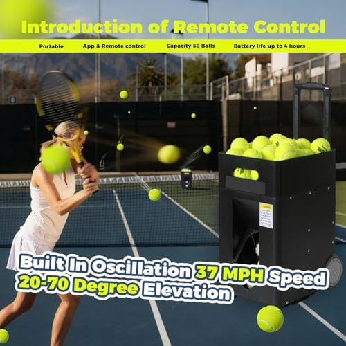 Professional Tennis Ball Machine with Remote, 60km/h Speed, 50 Ball Capacity, Ideal for Beginners & Intermediate Players, Perfect Tennis Training Device for Skill Improvement