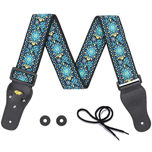 Adjustable Electric Guitar Strap/Acoustic Guitar Strap/Bass Strap-Soft Woven Embroidered Genuine leather Ends Guitar Strap with 1 Pick Holder, Free Bonus- 2 Silica gel Strap Locks +1 Extra String,Blue