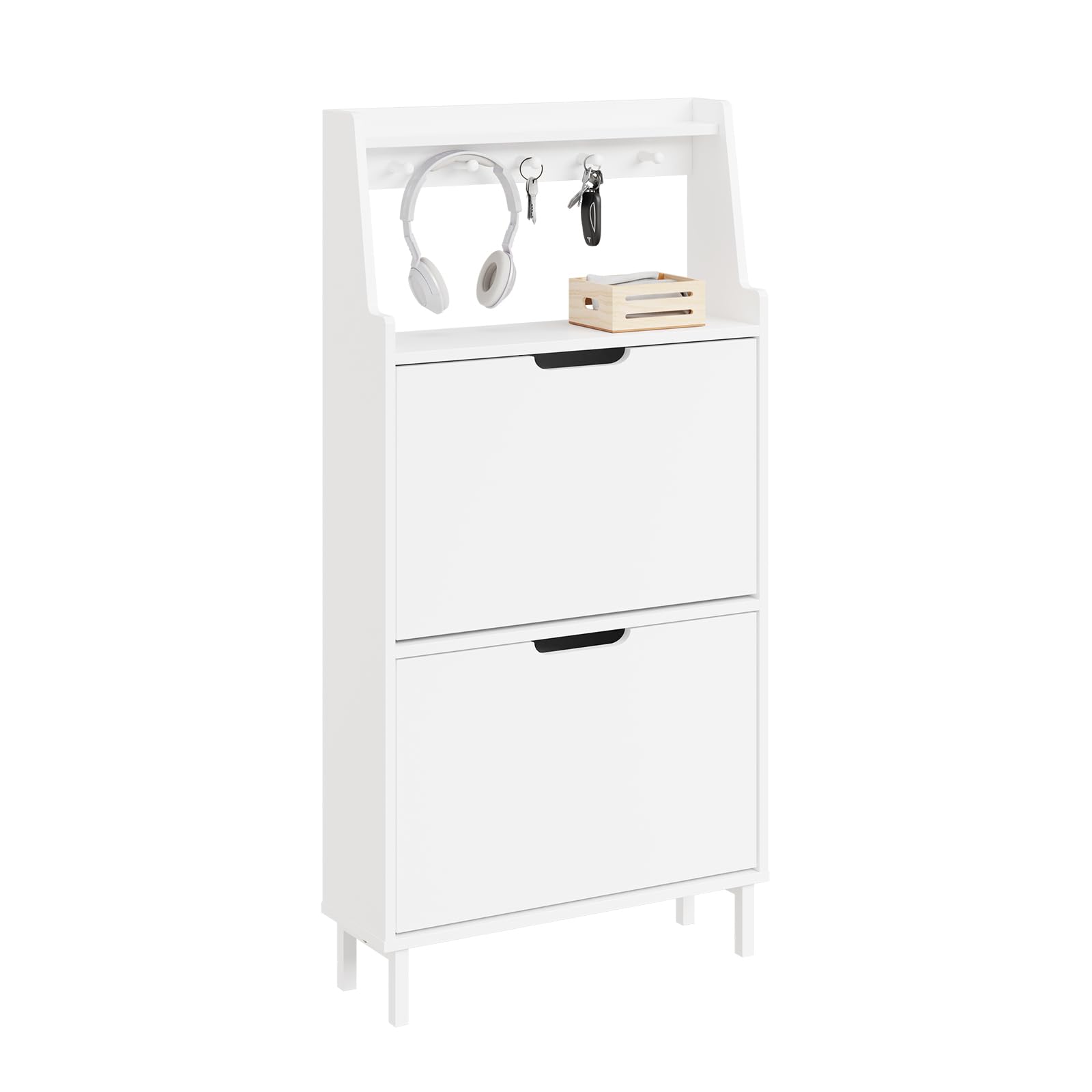 SoBuy Schuhschrank Schmal Schuhkipper Extra Schmale 19 cm Tiefe, Für Schuhe Bis Größe 47, Mit Haken und Offenem Fach für Kleine Wohnung Schmaler Flur Eingangsbereich Weiß 60 x 19 x 119 cm FSR221-W