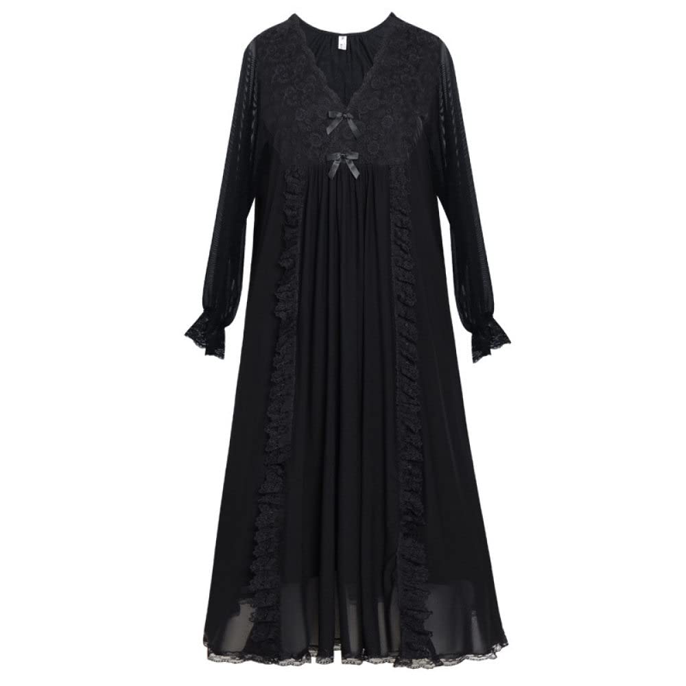 Nachthemd Damen Sexy,Damen-Nachthemden, Schwarzes V-Ausschnitt, Florale Spitze, Schleife, Mesh, Elegantes Schlafhemd, Weiches, Bequemes, Langärmliges Nachthemd, Nachtwäsche, Loungewear Für Damen,