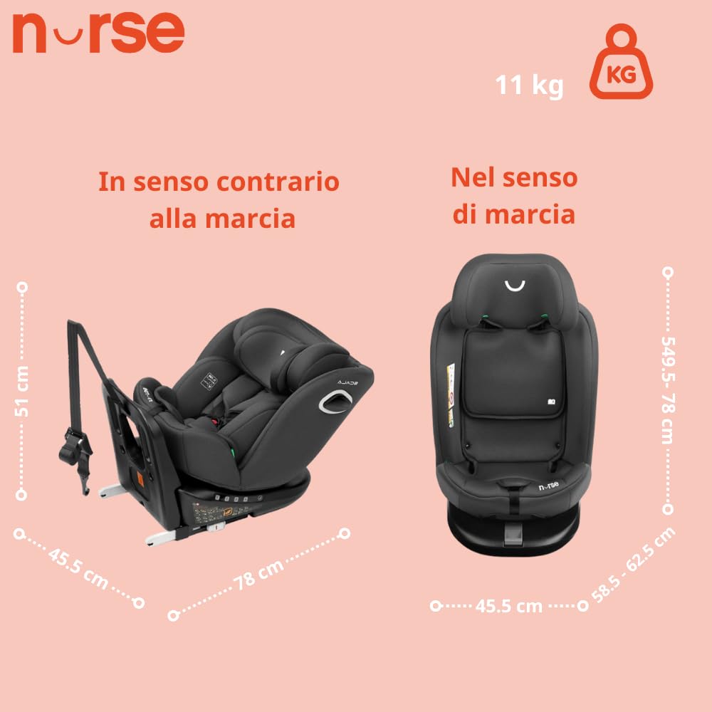 Nurse Scala Silla de Coche i-Size 40–150 cm, Giratoria 360º, ISOFIX con Top Tether, A Contramarcha y A Favor de la Marcha, Protección Lateral, Negro