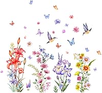 Vista 1 de Calcomanías de pared de plantas botánicas de rosas, 2 hojas de flores, mariposas, calcomanías de pared de PVC extraíbles para niñas, dormitorio