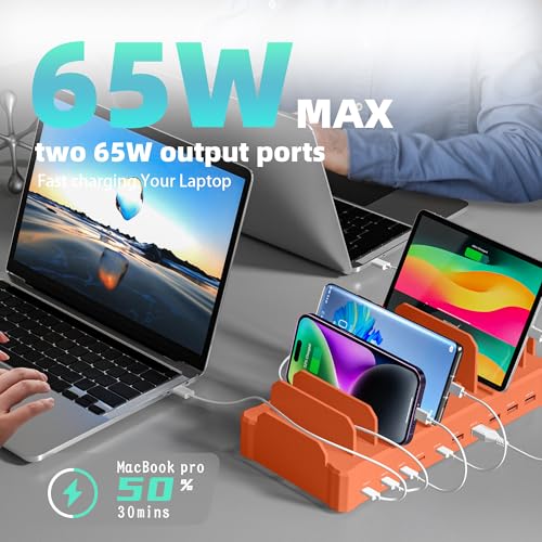 Image of 320W Charging Station for Multiple Devices, Zobirez 10-Port USB C Fast Charger Stations for MacBook, iPhone, Android Cell Phone, iPad, Tablet Family Multi-Device Organizer Charging Dock, Orange