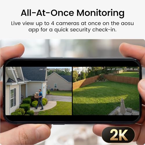 Image of aosu Solar Security Cameras Wireless Outdoor, 2K HD Home Security Camera System, PIR + AI Human Detection, Color Night Vision, Easy to Set Up, Local Storage, No Subscription Required, 2-Cam Kit