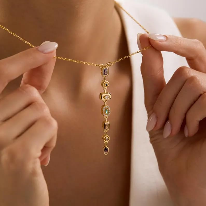 14K Gold Plated Seven Chakra Stone Pendant Necklace, Pave Chakra Yoga Jewelry, Boho Rustic Necklace for Women, Ideal Gift for Her, Christmas Gift - Image 2