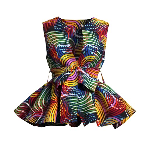 Robe péplum imprimée Africaine sans Manches avec col en V Taille Haute nœud Papillon décontractée d'été Plage fête fête (FR/ES, Alpha, L, Regular,...