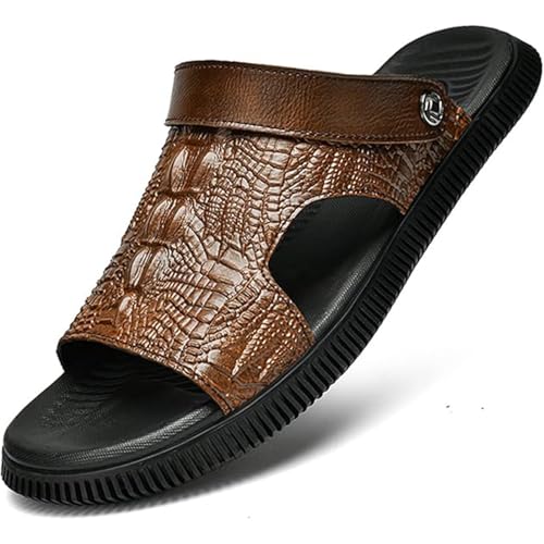 Men's Genuine Leather Sandals - Classic Printed Open-Toe Slides - Non-Slip Comfortable Beach Shoes