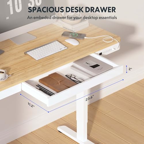 Image of FLEXISPOT Comhar 48 inch Electric Standing Desk with Drawers, USB Charging Ports, Quick Assembly, Height Adjustable Sit Stand Desk with Child Lock for Natural Home Office, Bamboo Finish Top /White Legs