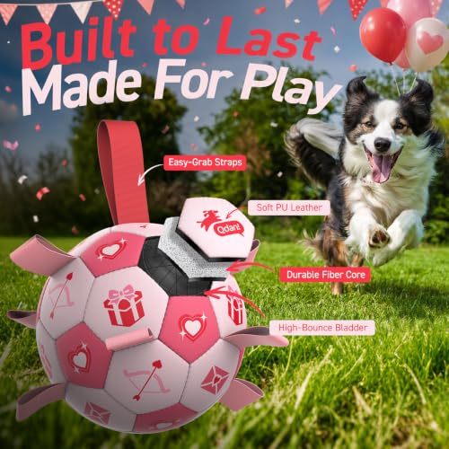 Image of QDAN Dog Birthday Toys, Pink Soccer Ball with Straps, Interactive Tug of War Toy, Puppy Birthday Gifts, Water Toy, Durable Dog Balls for Medium Large (8 Inch)