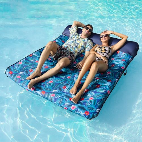 FindUWill Ultra Comfort Pool Floats Raft - 77'' Full Size Fabric Covered Inflatable Pool Lounger Mattress with Pillow for 2 Person, Swimming Mat Blow Up Floaties for Lake, Beach, Travel