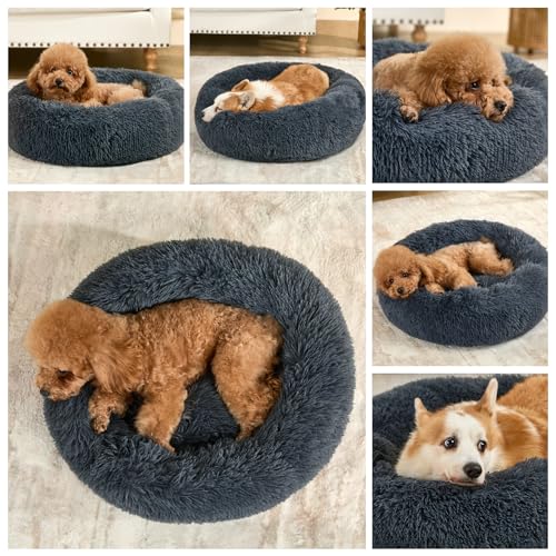Dog Calming Beds for Small Medium Large Dogs - Round Donut Washable Puppy Dog Bed, Anti-Slip Faux Fur Fluffy Donut Cuddle Anxiety Cat Pet Bed(20" Dark Grey) - Image 4