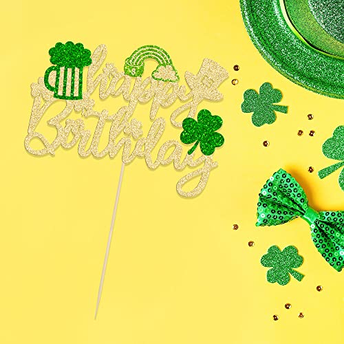 1Pc St. Patrick's Day Happy Birthday Cake Topper Gold Green Glitter Shamrock Cake Decoration For St. Patrick's Day Birthday Party Supply Decorations #TOP29