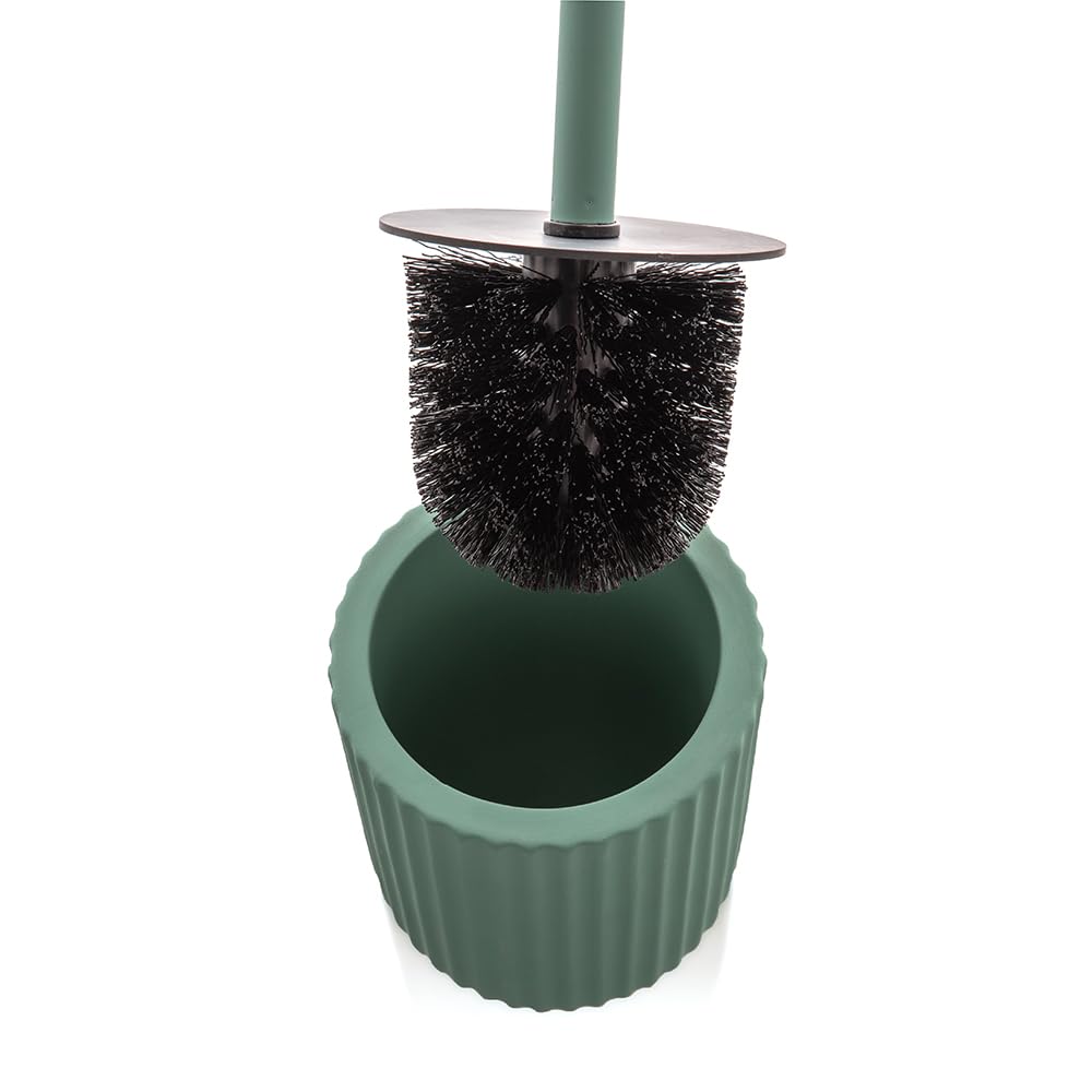 Inbagno Porta scopino WC Verde cannettato in Ceramica Soft Touch, setole Nere Anti-igieniche con paraspruzzi, Spring