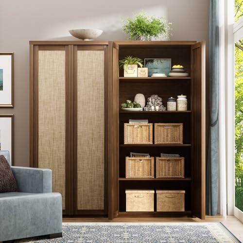 Image of Yechen 67 inch Tall Kitchen Pantry Cabinet,Rattan Storage Cabinet with Solid Wood Integrated Handle​and Adjustable Shelves, Cupboard with Doors for Livingroom, Dining Room, Dark Walnut (2 Piece)