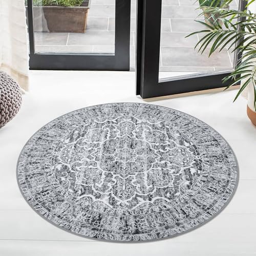 KUTA Vintage Round Rug 3ft, Washable Boho Indoor Small Area Circle Rugs, Grey Non-Slip Printed Medallion Carpet for Entryway Kitchen Dining Room Table Living Room