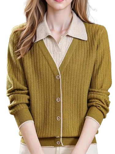LAI MENG FIVE CATS Women's Fall Sweaters Tops Lapel V Neck Ribbed Knit Color Block Soft Pullover Shirt