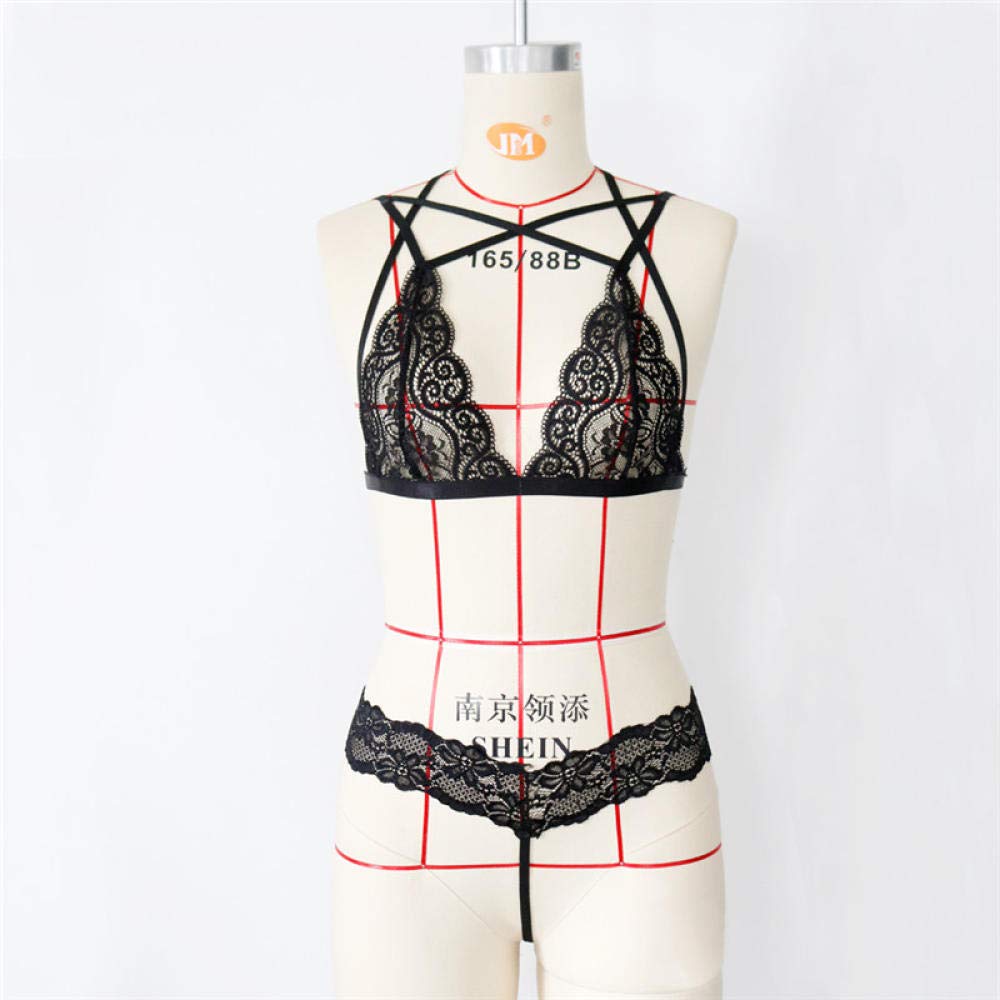 Conjuntos de lencería para Mujer Ropa Interior Fina Transparente tentación Traje de Encaje para niñas (Negro L)
