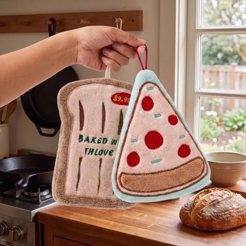 Image of House of Quirk Pizza Bread Shaped Hanging Towels Set of 2 | Soft Coral Fleece Kitchen & Bathroom Towels | Super Absorbent & Quick-Dry Decorative Cloths (Pizza /Bread)