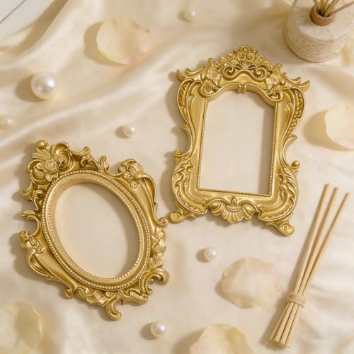Image of 6 Pcs Mini Gold Frames, Small Vintage Picture Frames Antique Resin Photo Frame for DIY Craft Galley Wall Hanging Jewelry Display Shooting Photo Props Christmas Decor (Without Backings)