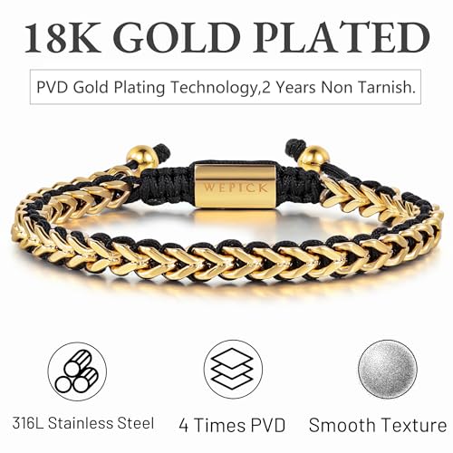 Gifts for Man Gold Bracelets for Men Dad Son Husband Boyfriend 18K Gold Plated Franco Link Chain Stainless Steel Adjustable Beads Bracelet Birthday Forever Love4