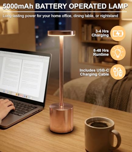 Image of Cordless Table Lamps Rechargeable Set of 2, Portable LED Desk Lamp, 5000mAh Battery Powered Wireless Table Light - 3 Color Dimmable Lighting for Restaurant Dining Patio Outdoor Bedroom(Rose Gold)