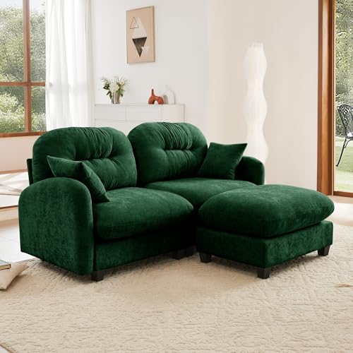 Image of KEIKI 74 inch L-Shaped Oversized Chenille Modular Sectional Loveseat Sofa with 1 Ottoman, High-Density Foam Cushions, Tufted Pleated Cushion Backrest, 2-Seater Couch with 2 Pillow, for Living Room, Green