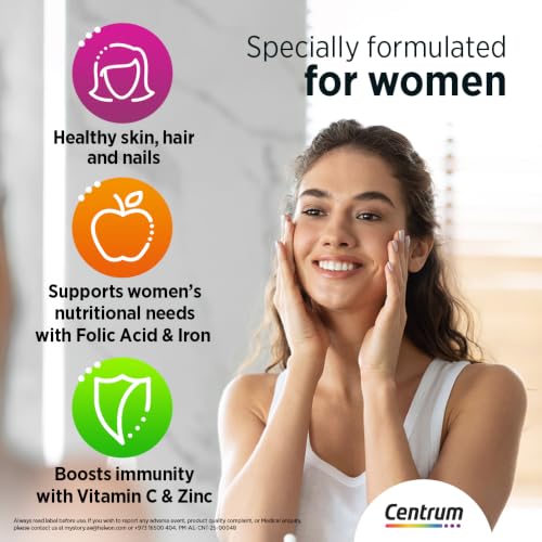 Centrum Women Multivitamin 30 Tablets - One-Month Complete Daily Vitamins & Minerals for Women with Iron, Folic Acid and Biotin for Energy, Bones, Skin and Hair - Handy Monthly Pack