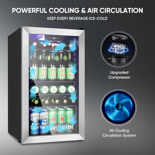 Image of ORYMUSE 3.2 Cu.Ft Beverage Refrigerator, 130 Can Mini Fridge with Glass Door & Digital Temperature Control, Compressor Cooling Freestanding Cooler for Soda, Beer, Wine, Home, Office & Bar - Silver