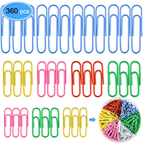 Paper Clips 360 Pieces, EAONE Color Coated Paper Clip Paperclips Assorted Size with Small, Medium, Jumbo Size (28mm, 33mm, 50mm) for Office, School Supply