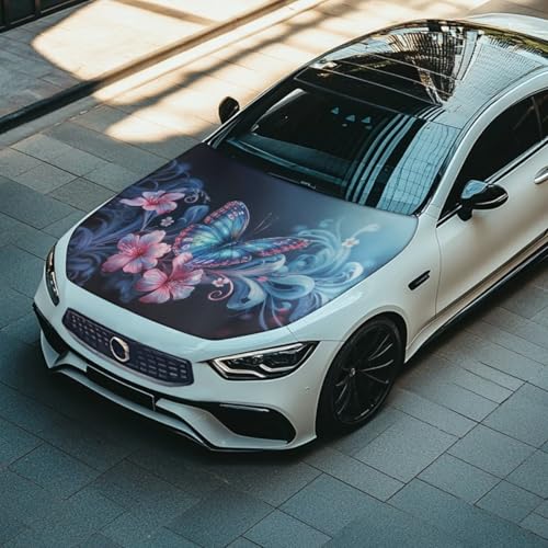 Image of Blue Butterfly Pink Flowers Car Hood Cover for Leaves, Car Bonnet Banner, Universal Fit, Elastic Polyester, Stretchable, Waterproof Automotive Hood Covers,Car Accessories