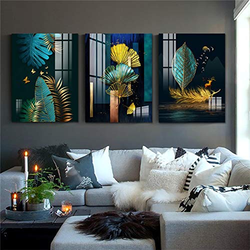 Toile murale plante abstrait vert or 60x90cmx3 affiches impressions photo salon