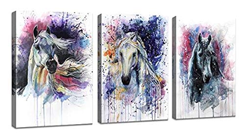 DZL Art D70246 Canvas Wall Art Horse Animal Painting Prints on Canvas Framed Ready to Hang-3 Panels Watercolor Horses Prints Fine Art for Home Wall Decor