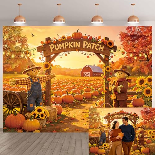 Fall Pumpkin Patch Backdrop Autumn Farm Harvest Photography Background Thanksgiving Party Harvest Festival Kids Photoshoot Photo Booth Props 7x5FT