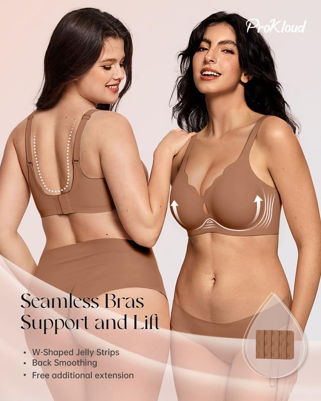 Image of ProKloud Wireless Bras for Women Wave Push Up No Underwire Bralettes Seamless Full Coverage Support Lift Everyday Bra Coffee