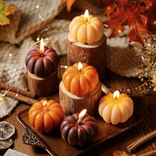 Image of Lounsweer 6 Pcs Pumpkin Shaped Candles Retro Thanksgiving Pumpkin Candle Decor Halloween Home Decoration Handmade for Autumn Centerpieces Decor