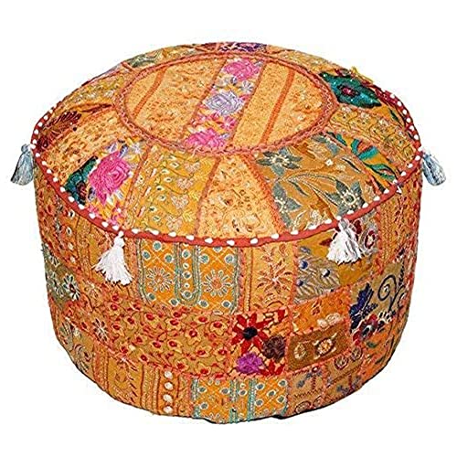 Aakriti Indian Pouf Footstool with Embroidery Pouf, Indian Cotton, Pouf, Ottoman Pouf Cover with Ethnic Decor Art - Cover (Orange, 46x33 cms)