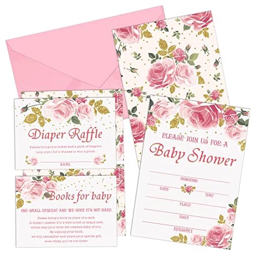Marspark Set of 25 Floral Baby Shower Invitations, Diaper Raffle Tickets and Book Request Cards with Envelope, Baby Shower Party Supplies for Girl
