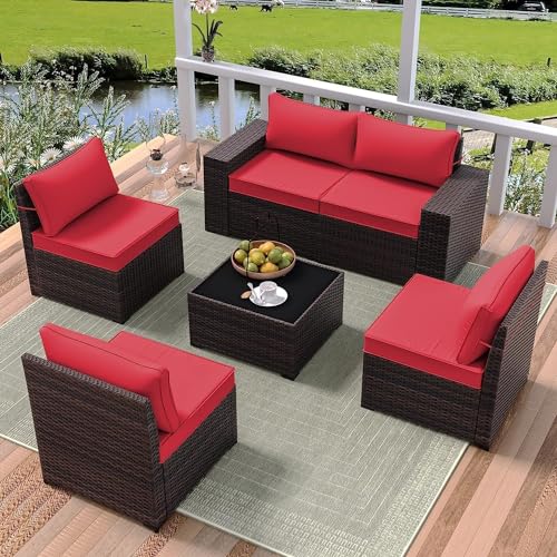 Image of 6 PCS Outdoor Patio Furniture Set,Outdoor Sectional Furniture All Weather PE Rattan Wicker Patio Conversation Set with Coffee Table and 5 Thickened Cushions,Red