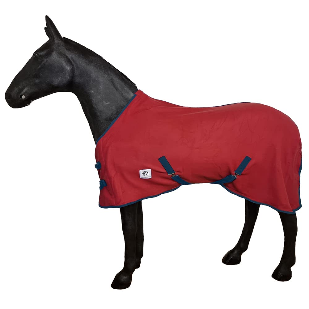 Horse Master Fleece Cooler Rug - Lightweight Travel Rug with Standard Neck Featuring Belly Straps - Comfortable Blanket Breathable Sheet for Outdoor Yards Stable, RED, 7'0