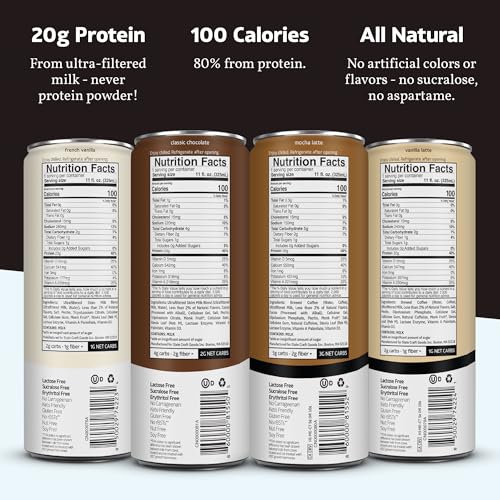 Image of Slate Milk - High Protein Milk Shakes & Iced Coffees - Classic Chocolate, Mocha Latte, Vanilla Latte, French Vanilla -Lactose Free,20g Protein,1g Sugar, 100 Calories,1-2g Net Carbs -11 fl oz, 12 Cans
