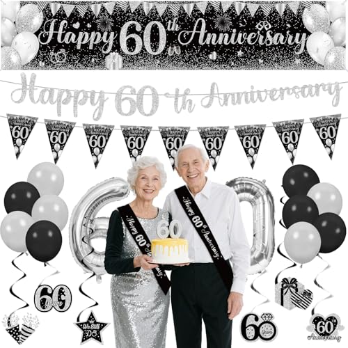 60th Wedding Anniversary Decorations Black Silver Happy 60th Anniversary Banner Hanging Swirls Sash and Black Silver Latex Balloons Number 60 Foil Balloons for Wedding Party Decor Supplies