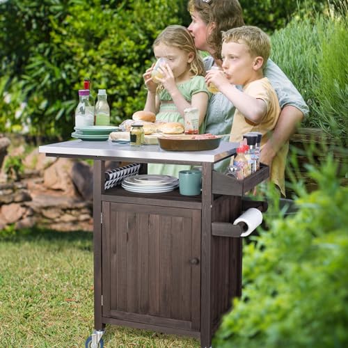 COOLBEBE-Movable-Outdoor-Table-Solid-Wood-Grill-Car-for-Outside-Portable-Outdoor-Grill-Car-Table-with-Stainless-Steel-Top-Spice-Rack-Portable-Outdoor-Cooking-Table-with-Storage COOLBEBE Movable Outdoor Table Solid Wood Grill Car for Outside Portable Outdoor Grill Car Table with Stainless Steel Top Spice Rack Portable Outdoor Cooking Table with Storage