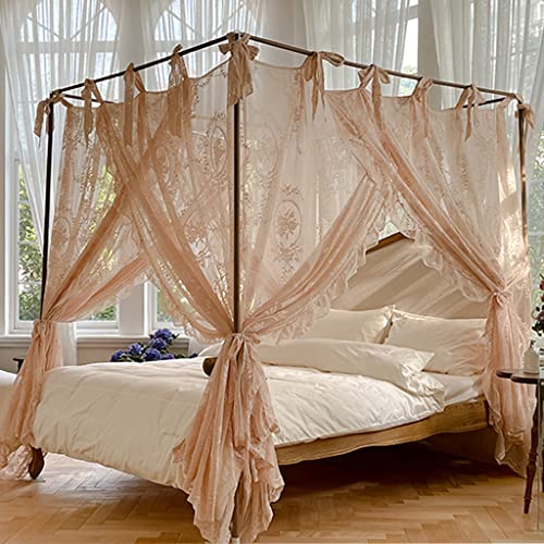 Ciel de lit princesse en dentelle, moustiquaire à 4 poteaux d'angle avec 3 ouvertures pour lit double, rideau romantique pour chambre à coucher, Bei Blanc