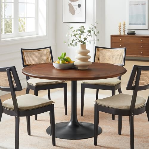 Image of Modway Lippa 48 Inch Round Wood Dining Table with Metal Pedestal in Black Walnut - Modern Industrial Dining Table for 4 People - Solid Wood Tulip Kitchen Table