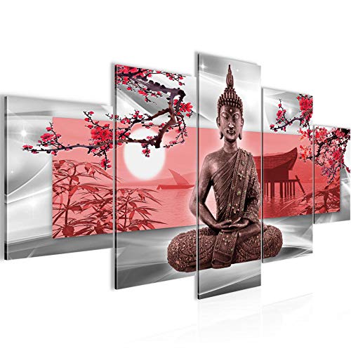 Runa Art - Cuadro Buda Feng Shui 200 x 100 cm 5 Piezas XXL Decoracion de Pared Diseño Gris Rojo 504951a