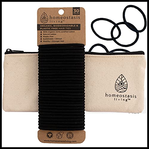 BIODEGRADABLE ORGANIC PLASTIC FREE ELASTIC HAIR TIES & BONUS ORGANIC BAG (30x Black Hair Ties)|HOMEOSTASIS LIVING|Eco-Friendly, No damage hair ties, Hair Ties for Men, Women & Kids,No Crease Hair Tie